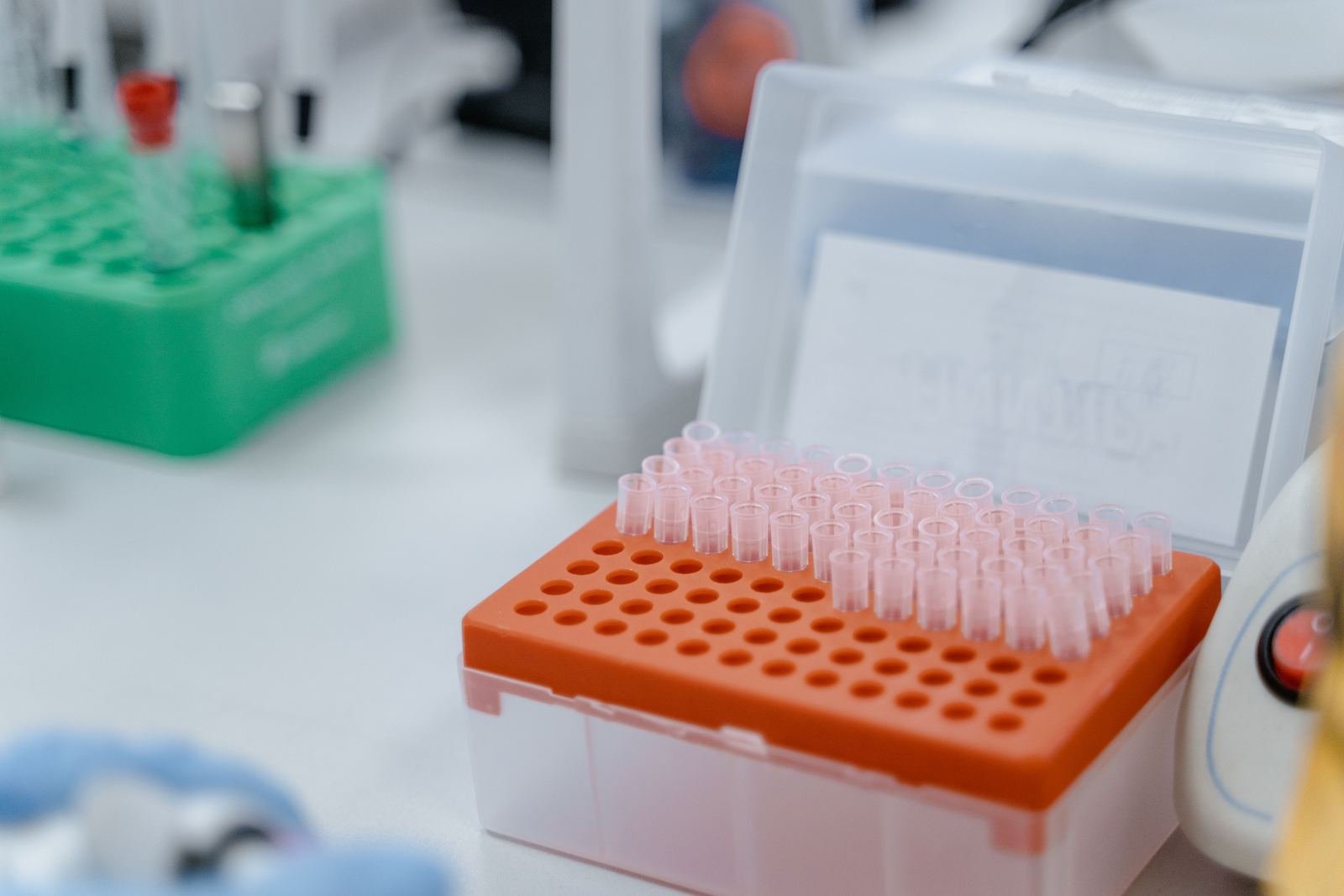 Gradilla con tubos de muestra vacíos en un laboratorio clínico, sin etiquetas visibles