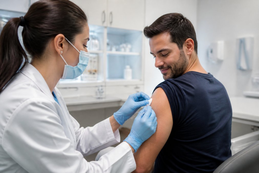 Profesional de salud aplicando una vacuna a un adulto, ideal para vacunarse contra vph después de los 30 en consultorio.